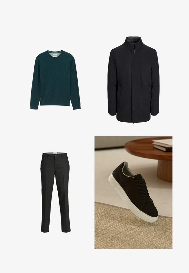 Cappotto da uomo in lana nera con colletto alto, zip nascosta, chiusura a un bottone e tasche laterali.; Felpa lunga a maniche verdi scure con collo a crew a costine, texture morbida e un dettaglio logo discreto sul davanti. Vestibilità classica.; Pantaloni neri, vestibilità sartoriale, tessuto liscio, vita media, chiusura con bottone frontale, tasche diagonali e dettagli di piega lungo le gambe.; Sneaker nero con suola bianca che flotta sopra un tappeto beige testurizzato vicino a un tavolo rotondo in legno con libri impilati.