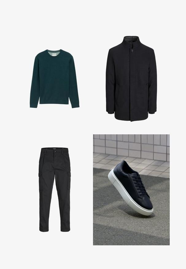 Moška črna volnena jakna z višjim ovratnikom, skritim zadrgo, enojnim gumbom za zapiranje in stranskimi žepi.; Temno zelena dolgosvetra majica z dolgimi rokavi, z ribastim ovratnikom, mehke teksture in subtilnim logotipom na sprednji strani. Klasičen kroj.; Črne cargo hlače iz trdnega blaga, ki imajo več žepov, gumbasto zapiranje in ozek kroj z zožanimi nogami.; Črne usnjene superge z zaobljenim prstom in belim gumijastim podplat. Imajo ravne vezalke in minimalno šivanje na zgornjem delu. Teksturirani podplat za oprijem.
