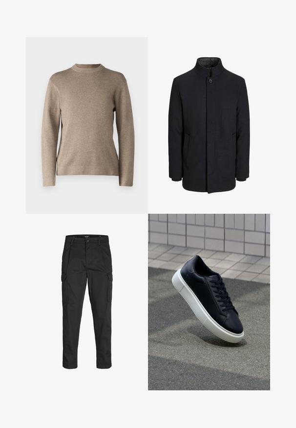 Men's svart ullfrakk med høy krage, skjult glidelås, en knapp lukking og sidelommer.; Beige genser med rund hals, lange ermer, ribbede mansjetter og et mykt, teksturert stoff. Har et enkelt design og en avslappet passform.; Sorte cargo bukser laget av slitesterkt stoff, med flere lommer, knappelukking og en slim fit-design med avsmalnede ben.; Sorte skinnsneakers med rund tå og hvit gummisåle. Har flate lisser og minimal søm på overdelen. Strukturert såle for grep.