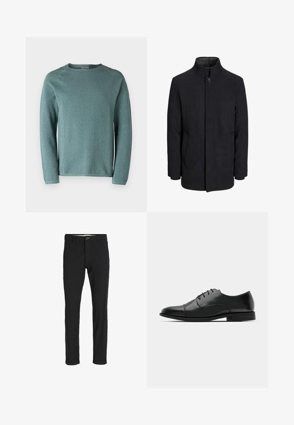 Men's black wool coat with high collar, concealed zipper, single button closure, and side pockets.; Jack & Jones JJEHILL CREW NECK - Jumper - goblin blue; Black cotton blend pants with a slim fit, featuring a button closure, pockets, and rolled cuffs for a casual finish.; Black leather dress shoe with a rounded toe, lace-up design, subtle stitching details, and a low heel. Smooth texture with polished finish.