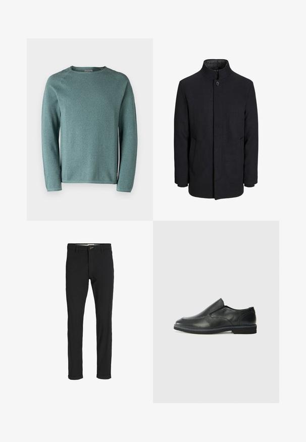 Zwart wollen mannenjas met hoge kraag, verborgen rits, sluiting met één knop en zijzakken.; Jack & Jones JJEHILL CREW NECK - Trui - goblin blue; Zwarte katoenen broek van een katoenmix met een slim fit, voorzien van een knoopsluiting, zakken en opgerolde mouwen voor een casual afwerking.; Zwarte leren instapper met een soepele bovenkant, gestikte accenten, ronde neus en een lage rubberen hak. De zool heeft minimale profiel.