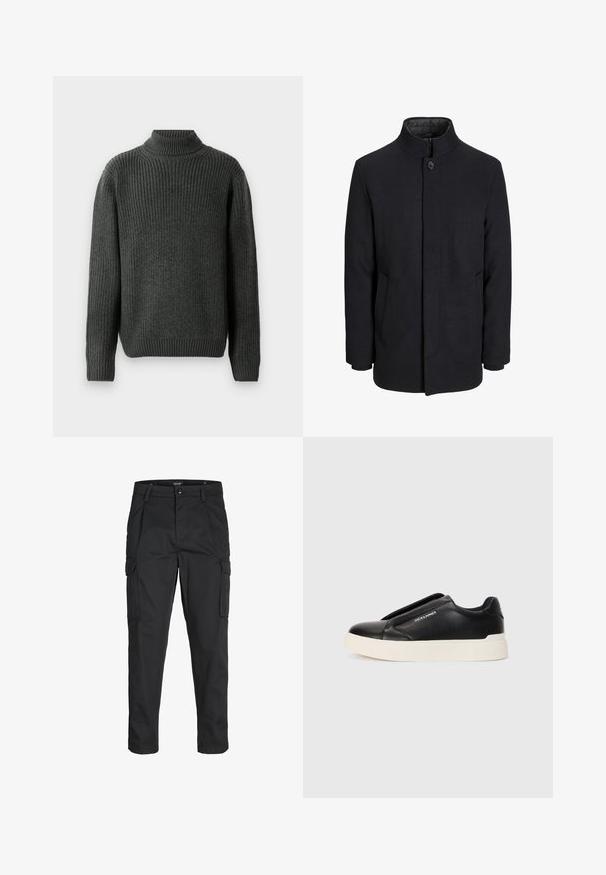 Zwart wollen mannenjas met hoge kraag, verborgen rits, sluiting met één knop en zijzakken.; Donkergrijze gebreide coltrui met ribbelstructuur, lange mouwen en een aansluitende onderrand. De achterzijde benadrukt de stikseldetails.; Zwarte cargobroek van stevig stof, met meerdere zakken, een knoopsluiting en een slim fit ontwerp met taps toelopende benen.; Zwarte slip-on sneaker met een gestructureerde leren bovenkant, witte rubberen zool en geen zichtbare veters. Beschikt over het merkembleem aan de zijkant.