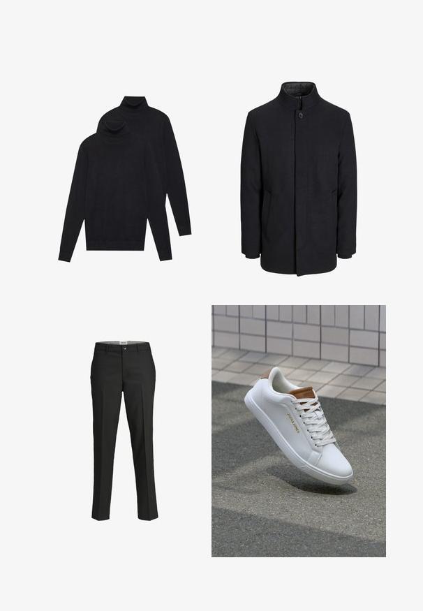 Men's svart ullfrakk med høy krage, skjult glidelås, en knapp lukking og sidelommer.; To svarte langermede genserne med høy hals, ensfarget strikket, stablet med den ene litt bak den andre på en hvit bakgrunn.; Sorte bukser, skræddersyet pasform, glat stof, mellemhøj talje, knaplukning foran, skrå lommer og pressefold detaljer ned ad benene.; Hvite skinn sneakers med en glatt tekstur, karmelakent på hælen, gulllogo på siden, og en gummisåle med teksturert grep.