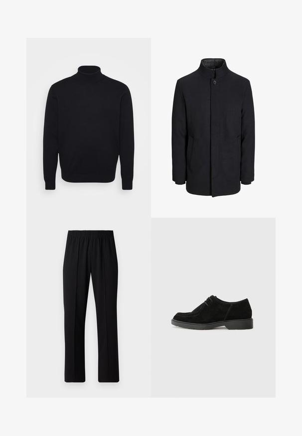 Men's black wool coat with high collar, concealed zipper, single button closure, and side pockets.; Black turtleneck sweater made from a smooth knit material, featuring long sleeves and a fitted design with a high collar.; Black, elastic-waist trousers with a straight-leg design, featuring a smooth texture and no visible patterns or hardware.; Black suede dress shoe with a rounded toe, contrasting stitching, and a rubber sole. Features minimal lacing and a smooth upper design.