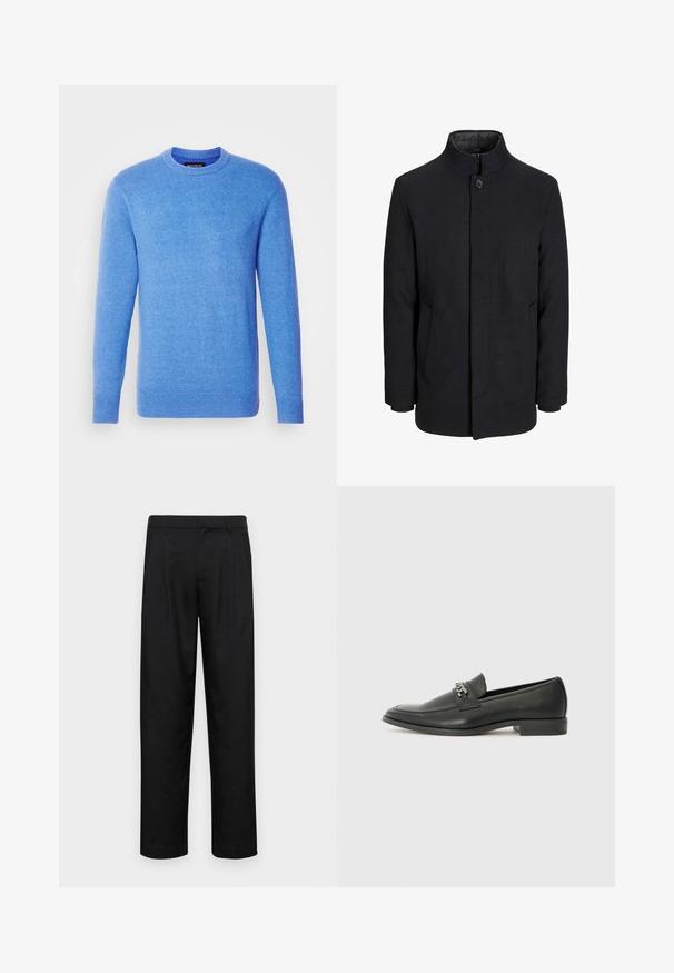 Zwart wollen mannenjas met hoge kraag, verborgen rits, sluiting met één knop en zijzakken.; Blauwe gebreide trui met lange mouwen, ronde hals, ribbels aan de manchetten en onderkant. Zachte textuur, uniforme kleur, gelabeld aan de binnenkant van de nek.; Zwarte broeken van gladde stof, met een recht model, twee voorknikken en een standaard tailleband met riemlussen.; Zwarte leren instapper met een gladde afwerking, voorzien van een gestikt ontwerp en een decoratieve metalen kettingaccent over de wreef. Platte hak.