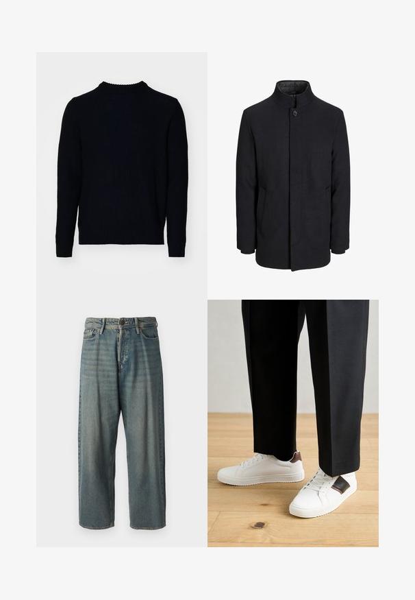 Muški crni vuneni kaput s visokim ovratnikom, skrivenim patentnim zatvaračem, jednim gumbom za zatvaranje i bočnim džepovima.; Jack & Jones JJROY KNIT CREW NECK - Vesta - navy blazer; Svijetloplave traperice s širokim krojem, srednjim pojasom i ravnim nogavicama. Ima pet džepova, petlje za remen i kopčanje na gumb.; Bijele tenisice s glatkom teksturom, s smešnim kožnim detaljima i crnim naglascima, u kombinaciji s crnim krojenim hlačama. Pozadina od drvenog poda.