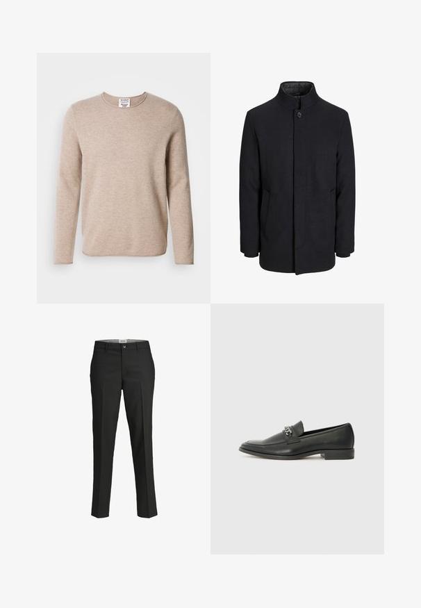 Men's svart ullfrakk med høy krage, skjult glidelås, en knapp lukking og sidelommer.; Beige langermet genser laget av myk stoff med rund hals og rett kant. Har en teksturert strikk og minimalistisk design.; Sorte bukser, skræddersyet pasform, glat stof, mellemhøj talje, knaplukning foran, skrå lommer og pressefold detaljer ned ad benene.; Sorte skinnloafers med en glatt finish, og med en sydd design og en dekorativ metallkjedeakcent over foten. Flat hæl.