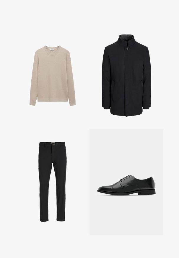 Moška črna volnena jakna z višjim ovratnikom, skritim zadrgo, enojnim gumbom za zapiranje in stranskimi žepi.; Bež pulover iz ribane pletenine s okroglo izrezom, dolgimi rokavi in ravnim robom. Mehak material in nevtralna barva, primerna za plastenje.; Črne bombažne hlače iz mešanice tkanin, ožjega kroja, z gumbom za zapiranje, žepi in zavihanimi robovi za sproščen videz.; Črne usnjene moške čevlje z zaobljenim nosom, s sistemom vezalk, diskretnimi šivi in nizkih petah. Gladka tekstura s sijočim zaključkom.