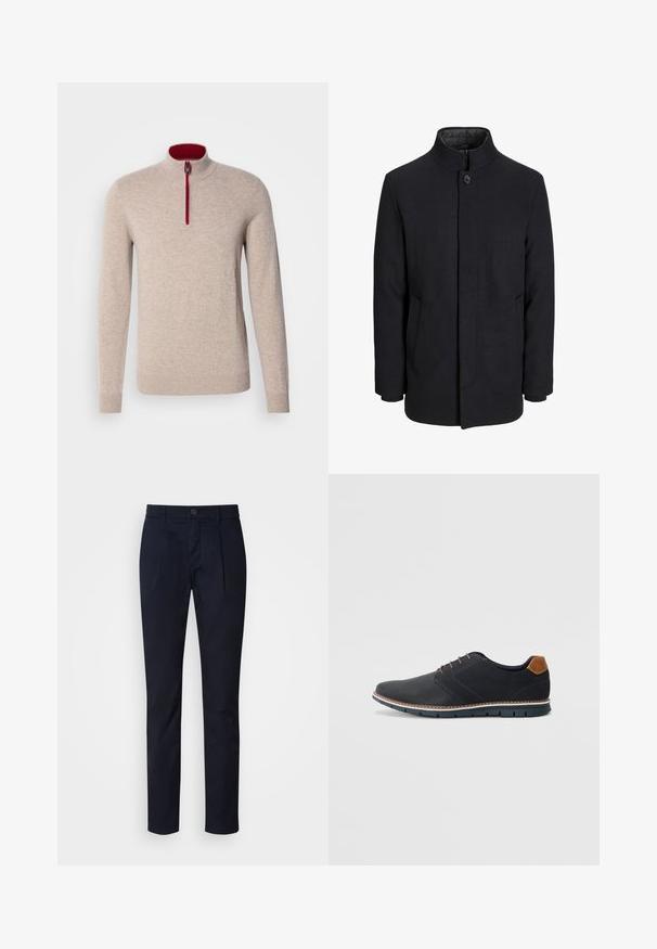 Zwart wollen mannenjas met hoge kraag, verborgen rits, sluiting met één knop en zijzakken.; Beige pullover trui met een hoge kraag en een korte rits. Heeft rode accenten langs de rits en een gladde, zachte textuur.; Donkerblauwe slim fit broek met plooien aan de voorkant, sluiting met knoop en rits, ceintuurlussen en rechte pijpen.; Zwarte synthetische schoenen met een gestructureerde bovenkant, gladde accenten, bruine hak en een contrasterende zool. Bevat minimale veters en stikdetails.