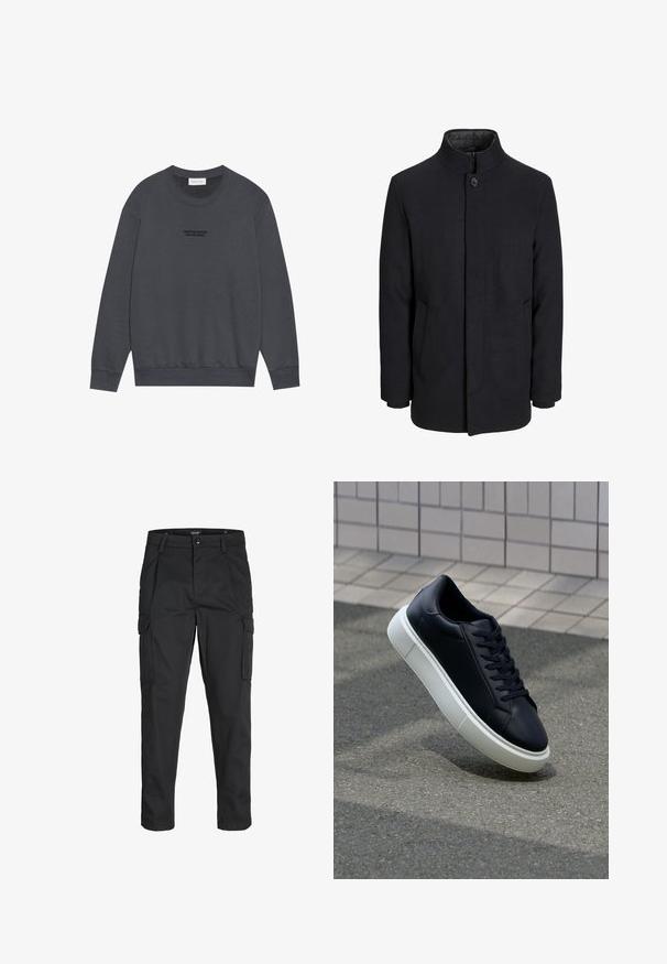 Vīriešu melns vilnas mētelis ar augstu apkakli, slēptu rāvējslēdžu, vienu pogu aizdari un sānu kabatām.; Pier One Ikdienas džemperis - dark grey; Melnas kravas bikses, izgatavotas no izturīga auduma, ar vairākiem kabatām, pogu aizdari un šaura piegriezuma dizainu ar sašaurinātiem kāju apakšiem.; Melnas ādas kedas ar noapaļotu pirkstu un baltu gumijas zoli. Iespējas - plakanas šņorītes un minimāla apdare augšdaļā. Struktūrēta zole, lai nodrošinātu saķeri.