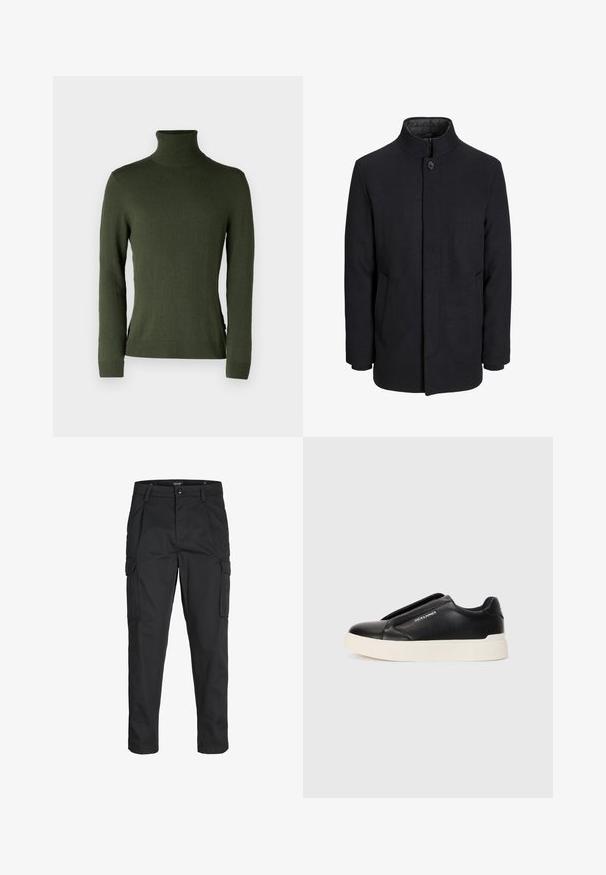 Meeste must villane mantel kõrge kraega, peidetud tõmblukk, ühe nööbiga kinnitamine ja küljetaskud.; Roheline kõrge kaelusega sviiter, mis on valmistatud pehmest kangast, on pika varrukaga, kitsas lõige ja ribatud mansetid ning ääred, külgedel on lõhikud.; Mustad mustapõlvik, mis on valmistatud tugeva koe kasutades, sisaldab mitmeid taskuid, nupule kinnitatav sulgemine ja kitsenev disain.; Must musta kingad tekstureeritud nahast pealmise osaga, valge kummist tallaga ja nähtamatute paeltega. Küljel on brändi logo.