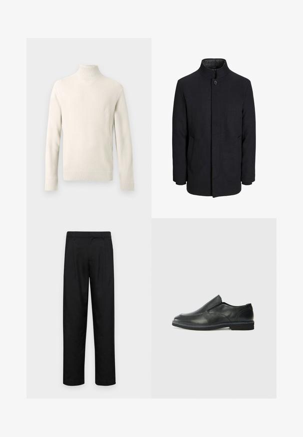 Herre sort uldfrakke med høj krave, skjult lynlås, enkelt knaplukning og sidelommer.; Cremefarvet strikket turtleneck sweater med lange ærmer og ribbede manchetter og kant, vist på en hvid baggrund.; Sorte bukser lavet af glat stof, med et lige ben-design, to frontfolder og en standard talje med bæltestropper.; Sorte læder slip-on sko med en glat overdel, syede detaljer, rund tå og en lav gummihæl. Sålen har minimal profil.