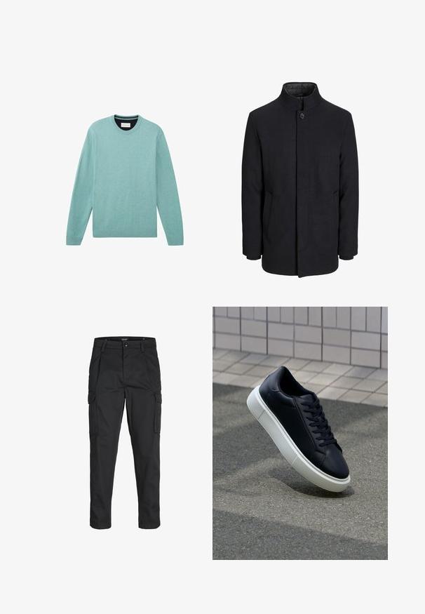 Herren schwarzer Wollmantel mit hohem Kragen, verdecktem Reißverschluss, einreihigem Knopfverschluss und Seitentaschen.; Hellblauer Pullover aus weichem Material, mit langen Ärmeln, einem Rundhalsausschnitt, gerippten Bündchen und einer schlichten Oberfläche mit feiner Textur.; Schwarze Cargo-Hose aus robustem Material, mit mehreren Taschen, einem Knopfverschluss und einem Slim-Fit-Design mit schmal zulaufenden Beinen.; Schwarze Leder-Sneaker mit runder Zehenpartie und weißer Gummisohle. Verfügt über flache Schnürsenkel und minimale Nähte im Obermaterial. Strukturiertes Sohlenprofil für besseren Halt.