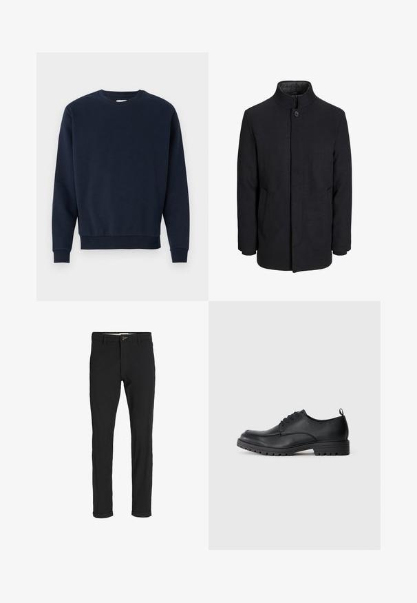 Vyriškas juodas vilnonis paltas su aukštu apykakle, užslėptu užtrauktuku, vienu užsegimu ir šoninėmis kišenėmis.; Tamsiai mėlynas medvilninis megztinis su apvalia kaklo iškirpte, ilgomis rankovėmis ir raibaismanžetais bei apačia. Lygus paviršius, minimalus dizainas, be matomų logotipų.; Juodi medvilnės mišiniai kelnės su siauru siluetu, su mygtuko uždarymu, kišenėmis ir sukamučiais galais, suteikiančiais laisvalaikio stilių.; Juodas odinis batų suknelė su lygiu paviršiumi, apvaliu kojų pirštu, raištelių priekiniu uždarymu ir tvirtas guminiu padu su reljefiniu raštu.
