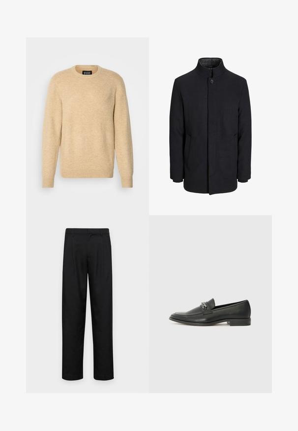 Herre sort uldfrakke med høj krave, skjult lynlås, enkelt knaplukning og sidelommer.; Beige pullover-trøje lavet af blødt materiale, med rund halsudskæring, lange ærmer og ribbede manchetter og kant.; Sorte bukser lavet af glat stof, med et lige ben-design, to frontfolder og en standard talje med bæltestropper.; Sorte læder loafers med en glat finish, der har et syet design og et dekorativt metal kædeaccent hen over vamps. Flad hæl.