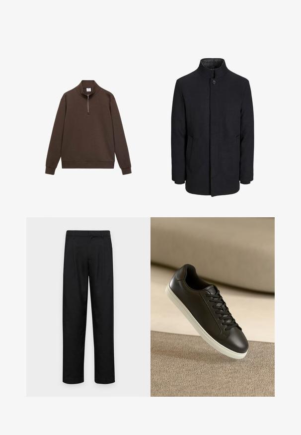 Cappotto da uomo in lana nera con colletto alto, zip nascosta, chiusura a un bottone e tasche laterali.; Felpa marrone con colletto alto e zip a un quarto. Realizzata in materiale morbido, presenta maniche lunghe e una vestibilità comoda.; Pantaloni neri realizzati in tessuto liscio, caratterizzati da un taglio dritto, due pieghe frontali e una vita standard con passanti per la cintura.; Sneaker in pelle nera con suola in gomma bianca e lacci neri, posizionato su una superficie e sfondo in tessuto beige.