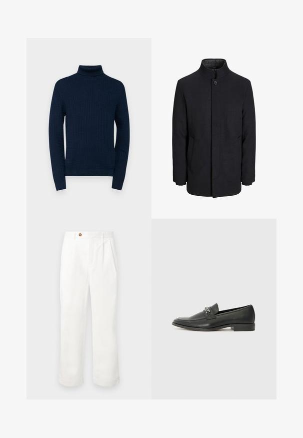 Men's black wool coat with high collar, concealed zipper, single button closure, and side pockets.; Navy turtleneck sweater featuring a textured pattern, long sleeves, and a ribbed collar and cuffs, made from a lightweight knit material.; White cotton trousers with a straight cut, featuring two front pleats, a single button closure, and side pockets. Smooth texture.; Black leather loafer with a smooth finish, featuring a stitched design and a decorative metal chain accent across the vamp. Flat heel.