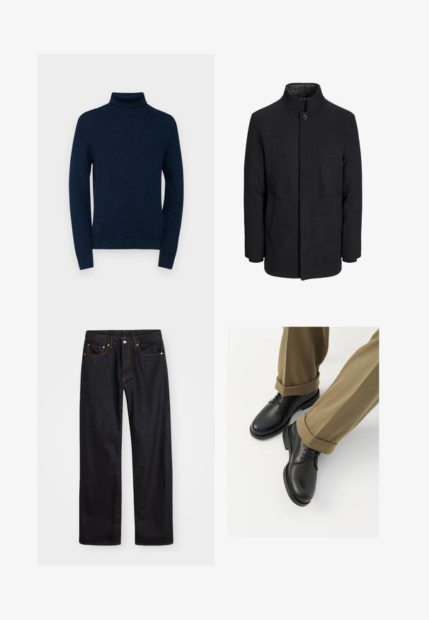 Vīriešu melns vilnas mētelis ar augstu apkakli, slēptu rāvējslēdžu, vienu pogu aizdari un sānu kabatām.; Jūras spēku pielāgota turtlenecka džemperis ar teksturētu rakstu, garām piedurknēm un ribota apkakle un aproces, izgatavots no viegla adījuma materiāla.; Vīriešu taisno kāju melnie džinsi ar piecām kabatām un oranžu izšuvumu, ar pogu un zipa aizdari priekšējā jostas daļā.; Melnas ādas kleita apavi ar gludu virsmu, ar auklēm un noapaļotu purngalu, apvienoti ar sarullētām kaķi biksēm.