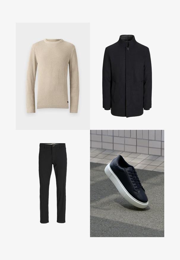 Palton negru din lână pentru bărbați, cu guler înalt, fermoar ascuns, închidere cu un singur buton și buzunare laterale.; Pulover bej cu nervuri, cu guler rotund, mâneci lungi și țesătură texturată. Prezintă un etichetă mică la tiv.; Pantaloni negri din bumbac cu un croi slim, având închidere cu nasture, buzunare și manșete răsturnate pentru un aspect casual.; Tenis cu piele neagră, cu vârful rotund și talpă din cauciuc alb. Are șireturi plate și cusături minime pe suprafață. Tălpile texturate oferă aderență.