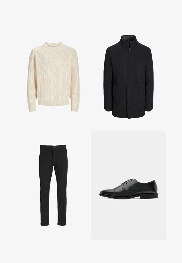 Miestenský čierny vlnený kabát s vysokým golierom, skrytým zipsom, jedným gombíkom na zapínanie a bočnými vreckami.; Kermankarya neulepusero, jossa on teksturoitu ribbi-kuvio, pyöreä kaula-aukko sekä ribbaus hihansuissa ja helmassa. Pehmeä, paksu kangas.; Mustat puuvillasekoitehousut, joissa on slim fit -leikkaus, napitus, taskut ja käärityt lahkeet rentoa ilmettä varten.; Musta nahkakengät, joissa on pyöristetty varvas, nauhakiinnitys, hienovaraiset ompeluyksityiskohdat ja matala korko. Sujuva pinta kiillotetulla viimeistelyllä.
