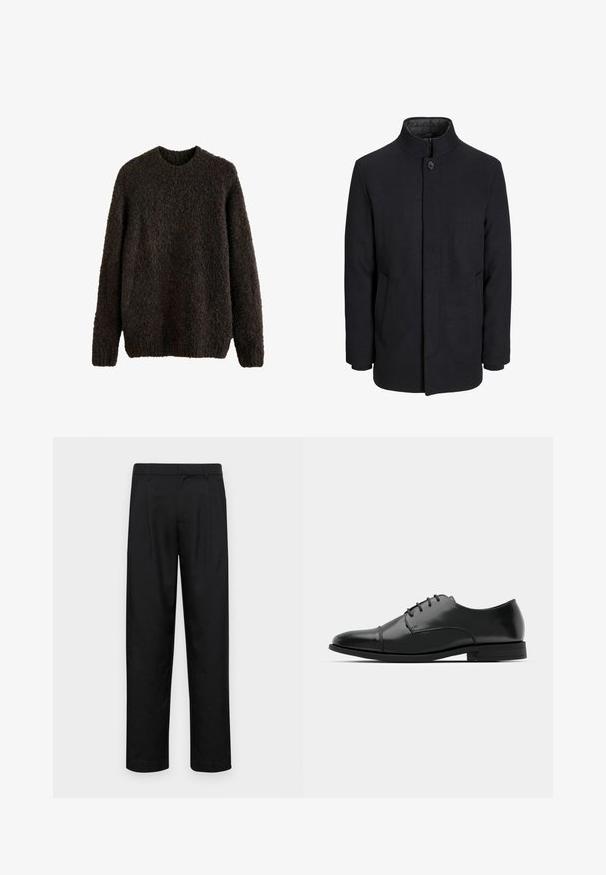 Muški crni vuneni kaput s visokim ovratnikom, skrivenim patentnim zatvaračem, jednim gumbom za zatvaranje i bočnim džepovima.; Pletiva pulover u tamnosmeđoj boji, s teksturiranom površinom, dugim rukavima i okruglim izrezom. Mekani, debeli materijal.; Crne hlače od glatkog materijala, s dizajnom ravnih nogavica, dva prednja nabora i standardnim pojasom s petljama za remen.; Crne kožne cipele s okruglim prstom, s vezanjem, suptilnim detaljima šivanja i niskim potplatima. Glatka tekstura s poliranim finišem.