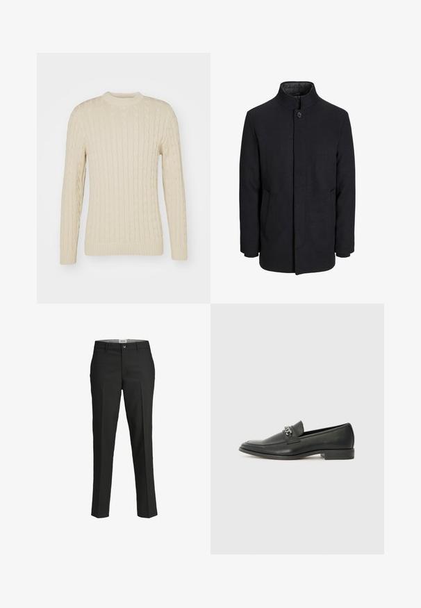 Men's black wool coat with high collar, concealed zipper, single button closure, and side pockets.; Cable-knit sweater in light cream. Features round neck, long sleeves, ribbed cuffs and hem, with a textured surface pattern.; Black trousers, tailored fit, smooth fabric, mid-rise waist, front button closure, diagonal pockets, and crease detailing down the legs.; Black leather loafer with a smooth finish, featuring a stitched design and a decorative metal chain accent across the vamp. Flat heel.