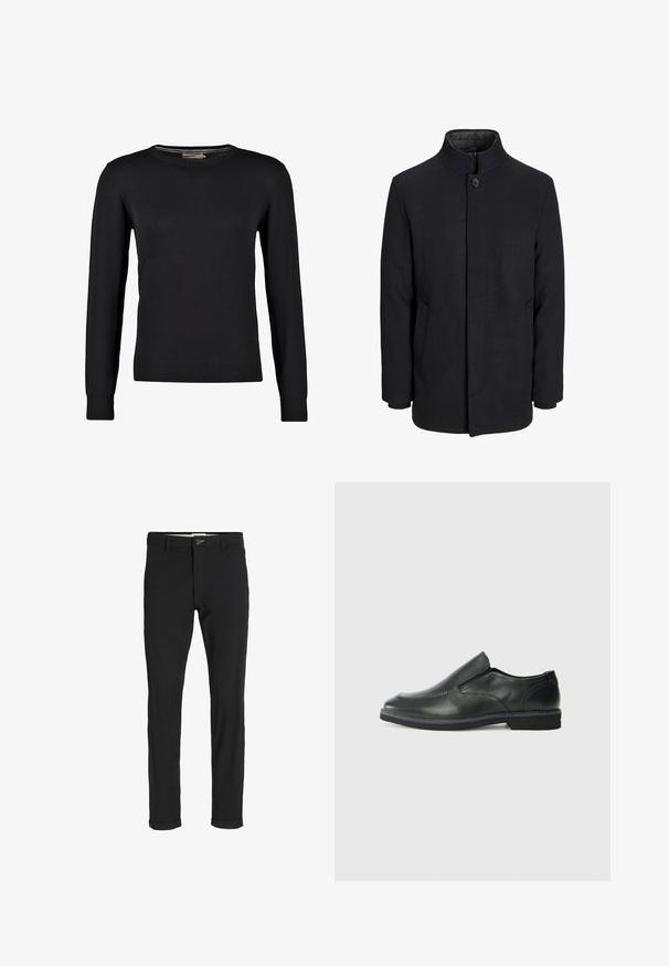 Moška črna volnena jakna z višjim ovratnikom, skritim zadrgo, enojnim gumbom za zapiranje in stranskimi žepi.; Črna pletena jopica z dolgimi rokavi, okroglo ovratnikom ter rebrastimi manšetami in robom. Gladka tekstura in prilegajoč dizajn.; Črne bombažne hlače iz mešanice tkanin, ožjega kroja, z gumbom za zapiranje, žepi in zavihanimi robovi za sproščen videz.; Črne usnjene natikače z gladkim zgornjim delom, prišitimi detajli, zaobljenim nosom in nizkim gumijastim petkom. Podplat ima minimalen profil.