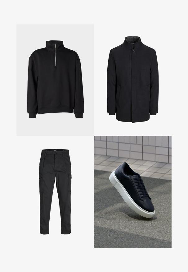 Manteau en laine noir pour homme avec col haut, fermeture éclair dissimulée, fermeture à un bouton et poches latérales.; Pull-over noir avec un col haut, doté d'une fermeture à demi-zip, de manches longues et de poignets et ourlet côtelés. Texture de tissu douce.; Pantalons cargo noirs en tissu résistant, dotés de plusieurs poches, d'une fermeture par bouton et d'une coupe slim avec des jambes fuselées.; Baskets noires en cuir avec bout arrondi et semelle en caoutchouc blanc. Elles présentent des lacets plats et une couture minimale sur la tige. Semelle texturée pour une bonne adhérence.