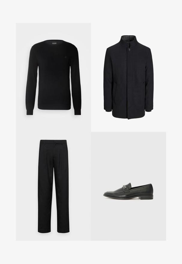 Férfi fekete gyapjú kabát magas gallérral, rejtett cipzárral, egy gombos záródással és oldalzsebekkel.; Fekete kötött pulóver, kerek nyakkivágással, hosszú ujjakkal és egy apró hímzett logóval a mellrészen. Puha tapintású és testhezálló kialakítás.; Fekete nadrág sima anyagból, egyenes szárú fazonnal, két elülső redővel és közönséges derékkal, övhurkokkal.; Fekete bőr loaferek sima felülettel, varrott mintával és díszítő fém lánccal a cipő elején. Lapos sarok.