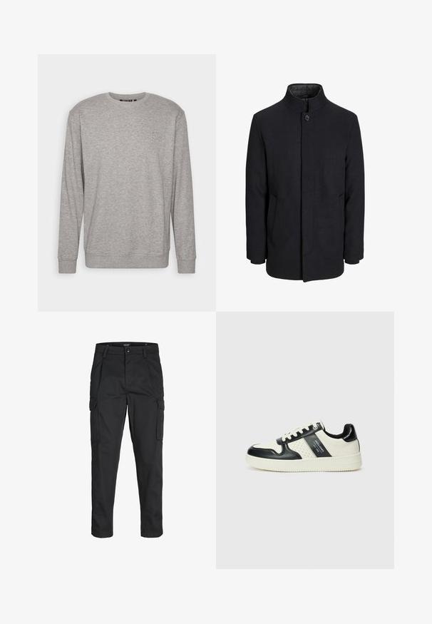 Herren schwarzer Wollmantel mit hohem Kragen, verdecktem Reißverschluss, einreihigem Knopfverschluss und Seitentaschen.; Hellgrauer Sweatshirt mit langen Ärmeln, Rundhalsausschnitt, gerippten Bündchen und unterem Saum. Verfügt über ein dezentes Logo auf der oberen linken Brustseite.; Schwarze Cargo-Hose aus robustem Material, mit mehreren Taschen, einem Knopfverschluss und einem Slim-Fit-Design mit schmal zulaufenden Beinen.; Leder-Sneaker in Schwarz- und Cremetönen, mit perforierten Akzenten, einem gepolsterten Kragen und einer strukturierten Laufsohle.