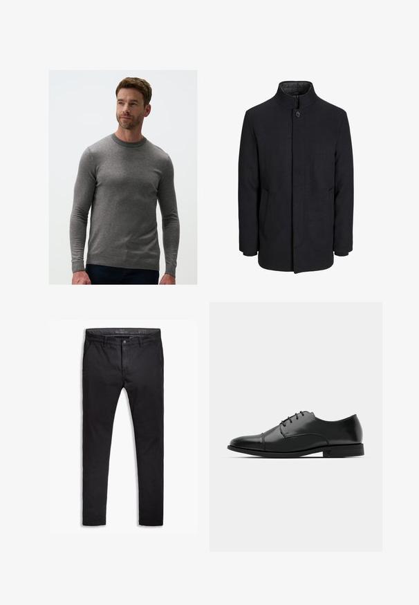 Zwart wollen mannenjas met hoge kraag, verborgen rits, sluiting met één knop en zijzakken.; Grijze gebreide trui met lange mouwen, ronde halslijn en geribde manchetten. De stof heeft een soepele textuur, een aansluitend ontwerp en een subtiel patroon.; Zwarte katoenen chinos met een taps toelopende pasvorm, voorzien van vijf zakken, riemlussen en een gladde textuur. Ritssluiting met een knoopsluiting.; Zwarte leren dresschoenen met een ronde neus, vetersluiting, subtiele stiksels en een lage hak. Glad oppervlak met gepolijste afwerking.