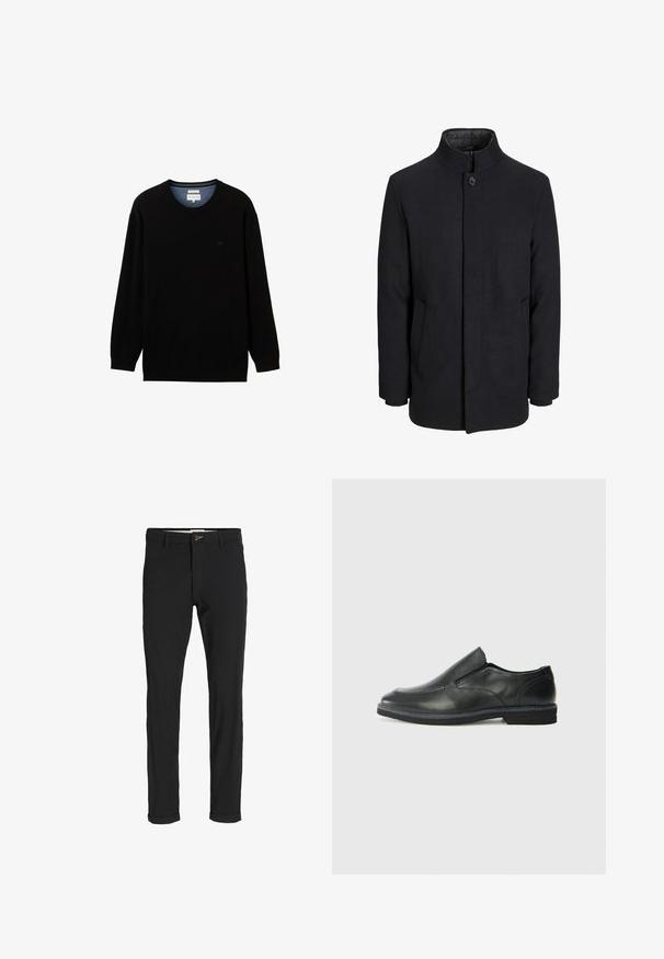 Moška črna volnena jakna z višjim ovratnikom, skritim zadrgo, enojnim gumbom za zapiranje in stranskimi žepi.; Črna dolga majica s dolgimi rokavi iz rebrastega materiala z okroglim izrezom. Ima diskretno logo na prsih in kontrastno notranjo ovratnico.; Črne bombažne hlače iz mešanice tkanin, ožjega kroja, z gumbom za zapiranje, žepi in zavihanimi robovi za sproščen videz.; Črne usnjene natikače z gladkim zgornjim delom, prišitimi detajli, zaobljenim nosom in nizkim gumijastim petkom. Podplat ima minimalen profil.