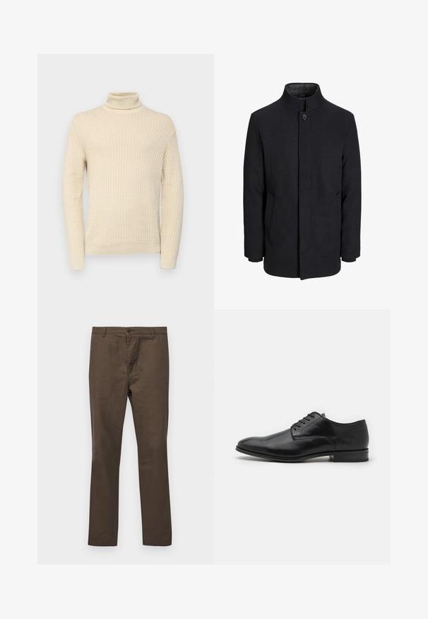 Manteau en laine noir pour homme avec col haut, fermeture éclair dissimulée, fermeture à un bouton et poches latérales.; Pull à col roulé couleur crème avec un motif en tricot texturé, doté de manches longues et de poignets et d'un ourlet côtelés.; Pantalons en coton marron au design à jambe droite, avec une fermeture à bouton et des passants de ceinture, texture lisse sans motifs ni accents.; Chaussure de ville en cuir noir avec une finition lisse, bout arrondi, design à lacets à six œillets et un talon bas empilé.