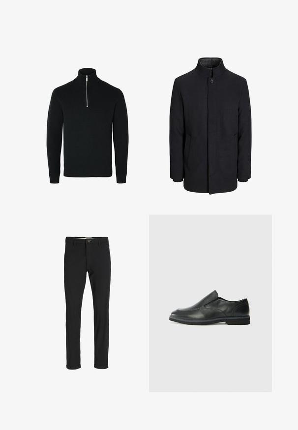 Vīriešu melns vilnas mētelis ar augstu apkakli, slēptu rāvējslēdžu, vienu pogu aizdari un sānu kabatām.; Melnā adīta džemperis ar rāvējslēdzēju apkaklē, kuram ir teksturēts dizains, priekšpusē ir rāvējslēdzēja aizdare un ribotās piedurknes un apakšmala.; Melnas kokvilnas maisījuma bikses ar šauru piegriezumu, ar pogu aizdari, kabatām un rullētām piedurknēm ikdienišķam izskatam.; Melnas ādas slip-on kurpes ar gludu augšdaļu, izšūtām akcentiem, noapaļotu purngala daļu un zemu gumijas papēdi. Zole ar minimālu rakstu.