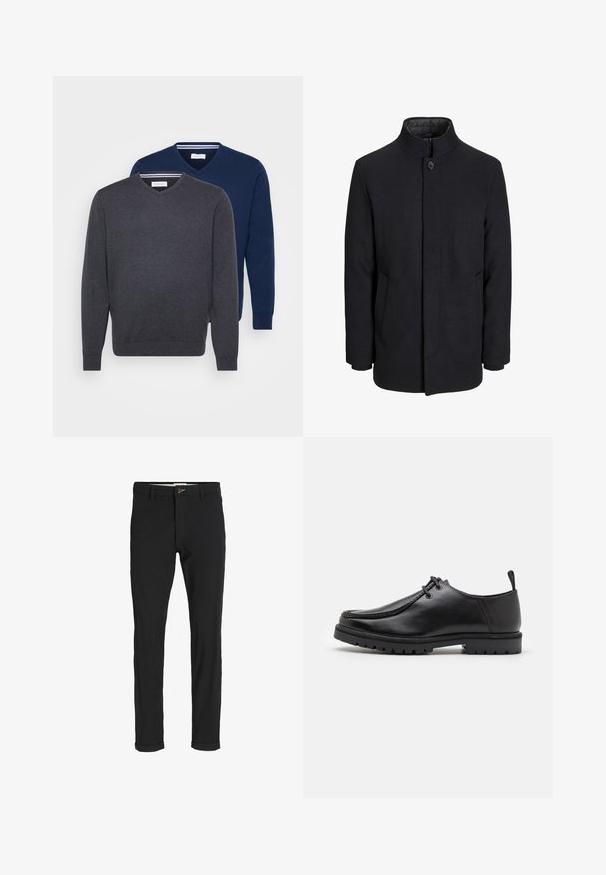 Meeste must villane mantel kõrge kraega, peidetud tõmblukk, ühe nööbiga kinnitamine ja küljetaskud.; Kaks V-kaelusega kampsunit tumehallis ja mereväeblues, valmistatud pehmest kangast, ribadega mansettidega ja triibulise detailiga kaeluse sees.; Mustast puuvillasegustest pükstest õhukese lõikega, milles on nööbikinnitus, taskud ja keeratud sääred, et saavutada lõdva lõppviimistluse.; Must küljest musta nahast sidumisjalatsiga, millel on tugeva tallaga ja kandmiselauaga, valge tausta ees.