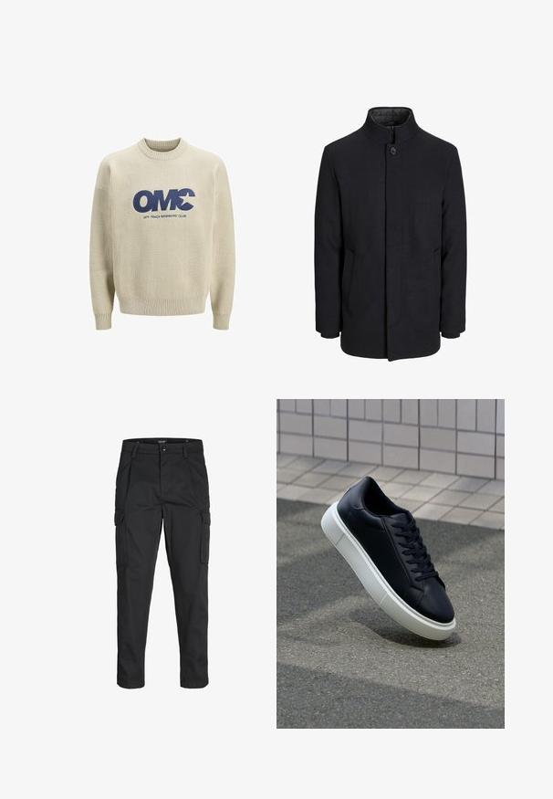 Vyriškas juodas vilnonis paltas su aukštu apykakle, užslėptu užtrauktuku, vienu užsegimu ir šoninėmis kišenėmis.; Švarkas su apvaliu kaklu, smugais, šviesiai bežinė spalva, su tamsiai mėlynu "OMC" logotipu ir užrašu "OFF-TRACK MEMBERS' CLUB". Minkšta tekstūra, ilgos rankovės.; Juodi krovinių tipo džinsai, pagaminti iš tvirto audinio, su keliais kišeniais, mygtuko uždarymu ir siauru, prigludusiu dizainu su siaurėjančiomis kojomis.; Juodas odinis sportbačius su apvaliu pirštu ir baltu gumuotu padu. Turi plokščias raišteles ir minimalų siuvimą viršuje. Padangos tekstūra užtikrina sukibimą.