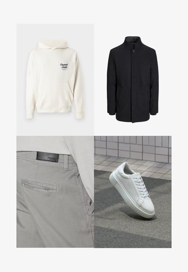 Men's svart ullfrakk med høy krage, skjult glidelås, en knapp lukking og sidelommer.; Kremfarget hettegenser laget av myk stoff, med en frontlomme, ribbestrikkede mansjetter og en liten brodert logo på brystet.; Grå bukser med en glat tekstur, som har en baglomme med en vandret åbning og et lille sort lædermærke nær taljen.; Hvit lær sneaker med glatt overflate, rund tå og flate hvite snøringer. Har en teksturert gummisåle og minimale design elementer.