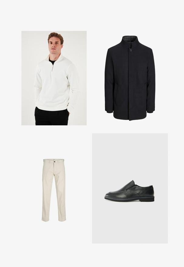 Moška črna volnena jakna z višjim ovratnikom, skritim zadrgo, enojnim gumbom za zapiranje in stranskimi žepi.; Bela zip-up jopica z visokim ovratnikom, mehkega blaga, dolgimi rokavi in sproščenim krojem, v kombinaciji s črnimi hlačami.; Bež bombažne hlače s ravnim krojem, gumbom za zaponko, sprednjimi žepi in šivanimi šivi. Gladka tekstura, minimalno pozornost na podrobnosti in brez vzorcev.; Črne usnjene natikače z gladkim zgornjim delom, prišitimi detajli, zaobljenim nosom in nizkim gumijastim petkom. Podplat ima minimalen profil.