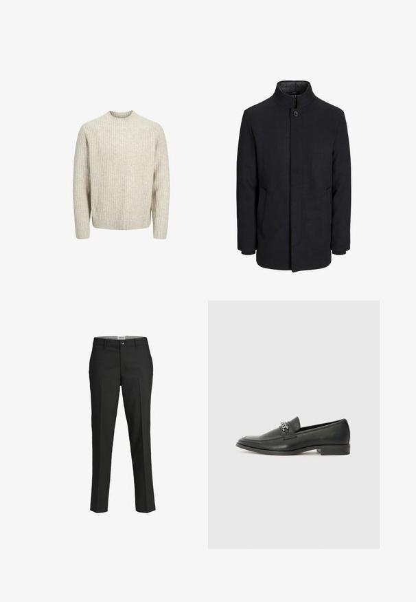 Moška črna volnena jakna z višjim ovratnikom, skritim zadrgo, enojnim gumbom za zapiranje in stranskimi žepi.; Bež pulover z rebrastim vzorcem, okroglo izrezano ovratnikom, dolgimi rokavi in teksturiranim materialom. Ima ravno rob in elastične manšete.; Črne hlače, krojene prilega, gladka tkanina, srednje visok pas, sprednja zaponka, diagonalne žepke in pregibna podrobnost vzdolž nog.; Črni usnjeni loafer z gladko površino, ki ima šivano zasnovo in dekorativni kovinski verižni naglas preko vampirja. Ravno peto.