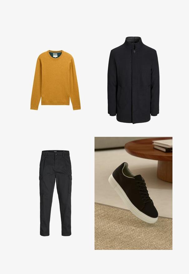 Miestenský čierny vlnený kabát s vysokým golierom, skrytým zipsom, jedným gombíkom na zapínanie a bočnými vreckami.; Sininen sinappi neulepaita pitkällä hihalla ja pyöreällä kaula-aukolla. Valmistettu pehmeästä kankaasta, jossa on ribbireunukset ja pieni logo rinnassa.; Mustat cargo-housut, jotka on valmistettu kestävästä kankaasta. Housuissa on useita taskuja, nappisulku ja kapea istuvuus, jossa on kapenevat lahkeet.; Musta lenkkari, jossa on valkoinen pohja, kelluu vaaleanbeige texturoituneen maton yllä pyöreän puupöydän vieressä, jonka päällä on pinottu kirjoja.