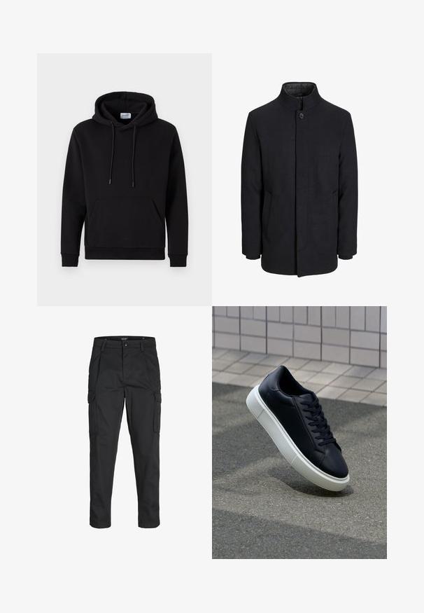 Men's black wool coat with high collar, concealed zipper, single button closure, and side pockets.; Black hoodie made of cotton-rich fabric, featuring a front pocket, drawstring hood, and ribbed cuffs. Simple and casual design.; Black cargo pants made of sturdy fabric, featuring multiple pockets, a button closure, and a slim fit design with tapered legs.; Black leather sneaker with rounded toe and white rubber sole. Features flat laces and minimal stitching on the upper. Textured sole for grip.