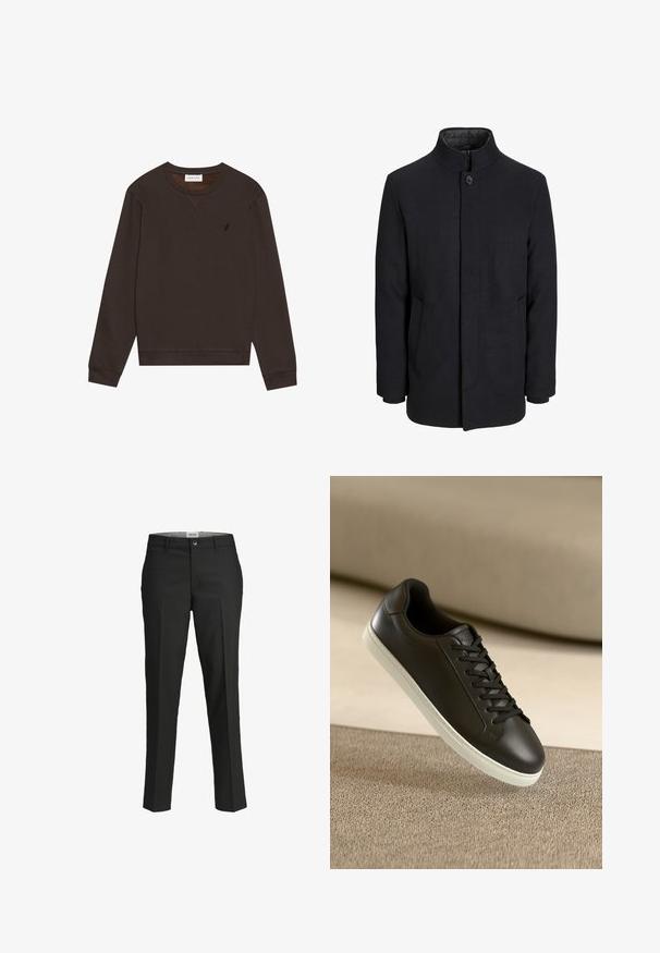Vīriešu melns vilnas mētelis ar augstu apkakli, slēptu rāvējslēdžu, vienu pogu aizdari un sānu kabatām.; Pier One Ikdienas džemperis - dark brown; Melni bikses, pielāgota piegriezuma, gluda auduma, vidēji augsta josta, priekšējā pogu aizdare, diagonalās kabatas un gurnu daļā ir krokas.; Melnas ādas sporta kurpes ar baltu gumijas zoli un melnām auklām, novietotas uz bēša auduma virsmas un fona.