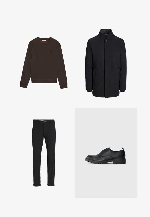 Men's svart ullfrakk med høy krage, skjult glidelås, en knapp lukking og sidelommer.; Pier One Sweatshirt - dark brown; Svart bomullsblandingsbukser med smal passform, med knappelukking, lommer og rullede mansjetter for en avslappet finish.; Sorte skinnledd dressko med en glatt tekstur, rund tå, snøring foran og solid gummisåle med mønster.