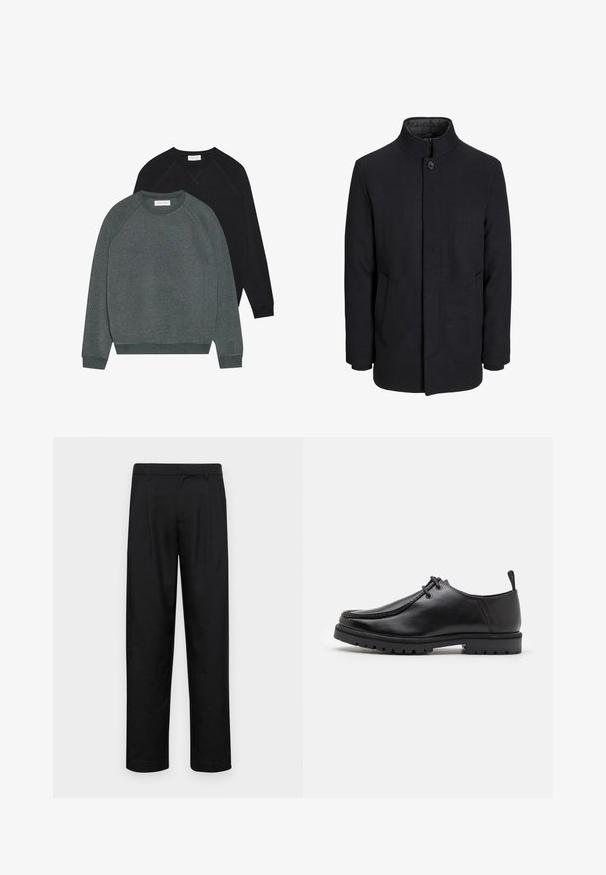 Pánsky čierny vlnový kabát s vysokým golierom, skrytým zipsom, jedným gombíkom a bočnými vreckami.; Dvé crewneck mikiny: jedna tmavozelená a jedna čierna. Obe majú raglánové rukávy, rebrované manžety a mäkkú, textúrovanú látku.; Čierne nohavice vyrobené z hladkej tkaniny, s rovnými nohavicami, dvoma prednými skladmi a štandardným pásom s pútkami na opasok.; Čierne kožené šnurovacie topánky s robustnou podrážkou a poutkom na päte, zobrazené z boku na bielom pozadí.