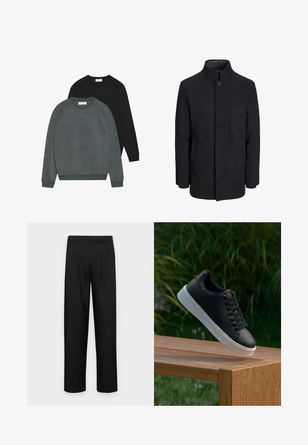 Zwart wollen mannenjas met hoge kraag, verborgen rits, sluiting met één knop en zijzakken.; Twee crewneck sweatshirts: één donkergroen en één zwart. Beide hebben raglanmouwen, geribbelde boorden en een zachte, gestructureerde stof.; Zwarte broeken van gladde stof, met een recht model, twee voorknikken en een standaard tailleband met riemlussen.; Zwarte leren sneaker met een gladde textuur, witte rubberen zool en zes oogjes voor veter, weergegeven op een houten oppervlak.