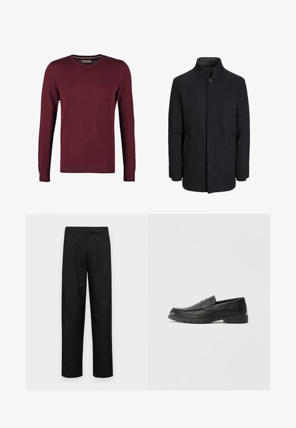 Manteau en laine noir pour homme avec col haut, fermeture éclair dissimulée, fermeture à un bouton et poches latérales.; Pull en jersey bordeaux avec un col rond, fabriqué en tissu lisse, doté de manches longues et de poignets et ourlet côtelés pour une texture supplémentaire.; Pantalons noirs en tissu lisse, avec une coupe droite, deux plis avant et une taille standard avec passants de ceinture.; Mocassins en cuir noir avec une finition lisse, tige de style moccasin, détails cousus et semelle en caoutchouc. Design classique avec un talon bas.