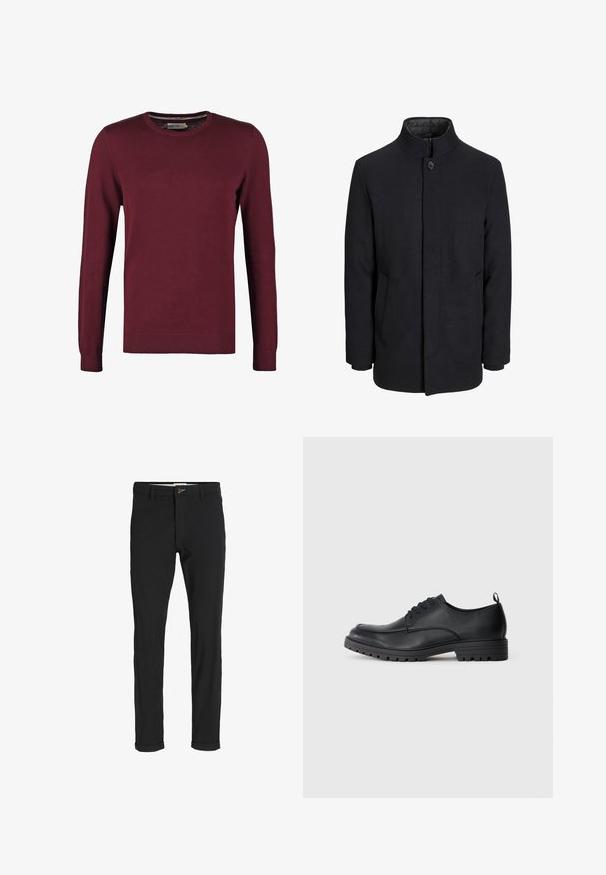 Men's svart ullfrakk med høy krage, skjult glidelås, en knapp lukking og sidelommer.; Burgunderrød genser med rund hals laget av glatt stoff, med lange ermer og ribbestrikkede mansjetter og nederkant for ekstra tekstur.; Svart bomullsblandingsbukser med smal passform, med knappelukking, lommer og rullede mansjetter for en avslappet finish.; Sorte skinnledd dressko med en glatt tekstur, rund tå, snøring foran og solid gummisåle med mønster.