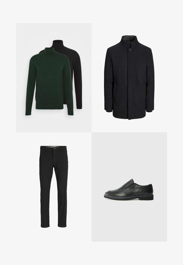 Meeste must villane mantel kõrge kraega, peidetud tõmblukk, ühe nööbiga kinnitamine ja küljetaskud.; Kaks kaelusvariid, üks tumeroheline ja teine must, valmistatud siledast kangast, pikas varrukas ja soonikkoes mansettidega.; Mustast puuvillasegustest pükstest õhukese lõikega, milles on nööbikinnitus, taskud ja keeratud sääred, et saavutada lõdva lõppviimistluse.; Must musta laia suuga king, millel on sile ülemine osa, õmmeldud detailid, ümmargune nina ja madal kummist konts. Tallal on minimaalne mustr.