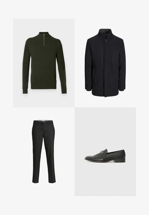 Pánsky čierny vlnový kabát s vysokým golierom, skrytým zipsom, jedným gombíkom a bočnými vreckami.; Tmavozelený pulóver s vysokým golierom a polovičným zipsom. Vyrobený z mäkkej, textúrovanej látky. Rybované manžety a lem.; Čierne nohavice, strih na mieru, hladká tkanina, stredne vysoký pás, predné zapínanie na gombík, diagonálne vrecká a plisovanie pozdĺž nohavíc.; Čierne kožené loafers s hladkým povrchom, s prešitým dizajnom a dekoratívnym kovovým reťazovým akcentom cez priehlavok. Plochý podpätok.