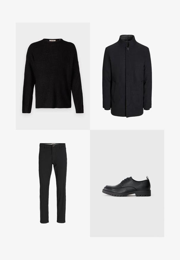 Muški crni vuneni kaput s visokim ovratnikom, skrivenim patentnim zatvaračem, jednim gumbom za zatvaranje i bočnim džepovima.; Crni pleteni pulover s dugim rukavima, okruglim izrezom i rebrastom teksturom. Ima blago labav kroj i jednostavan dizajn.; Crne hlače od pamuka sa slim fit krojem, s kopčanjem na dugme, džepovima i zavrnutim rukavima za ležeran izgled.; Crne kožne cipele s glatkom teksturom, zaobljenim vrhom, vezivanjem sprijeda i čvrstim gumеним potplatom s uzorkom.